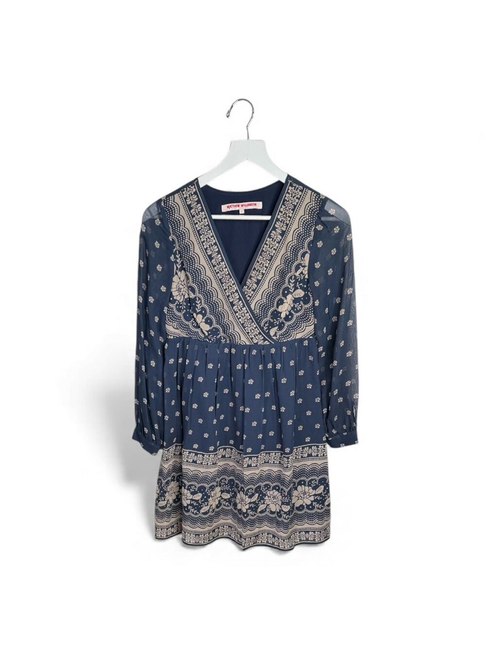 Matthew Williamson V-Neck Ling-sleeve 100% Silk Midi Dress W1975 Sz 4